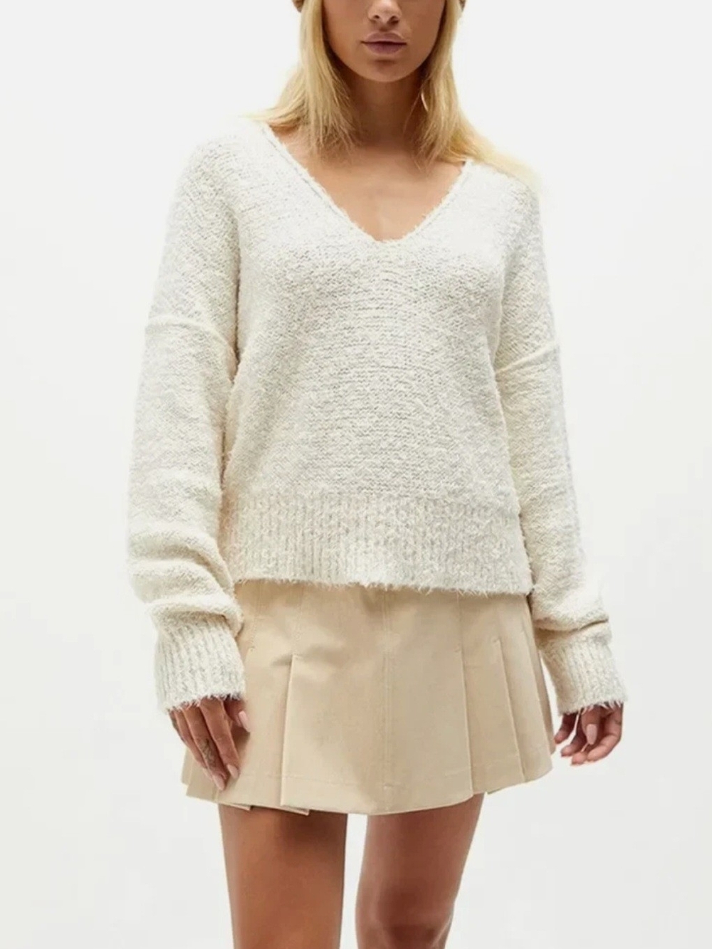 Free People Cream V-Neck Plush Knit Sweater